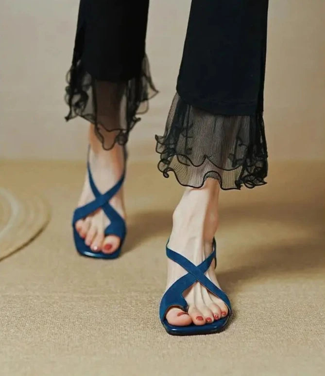 Elba Sandália Feminina Camurça De Salto Quadrado - Azul