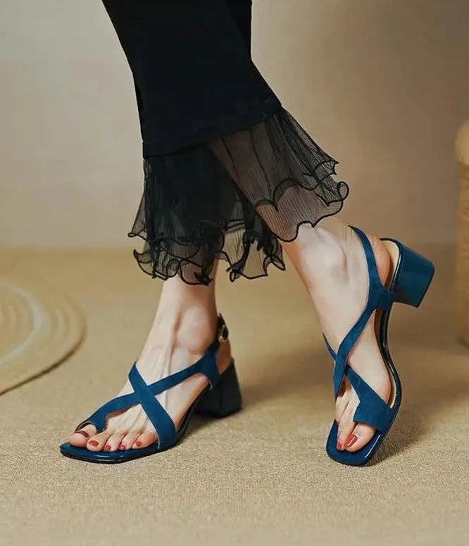 Elba Sandália Feminina Camurça De Salto Quadrado - Azul