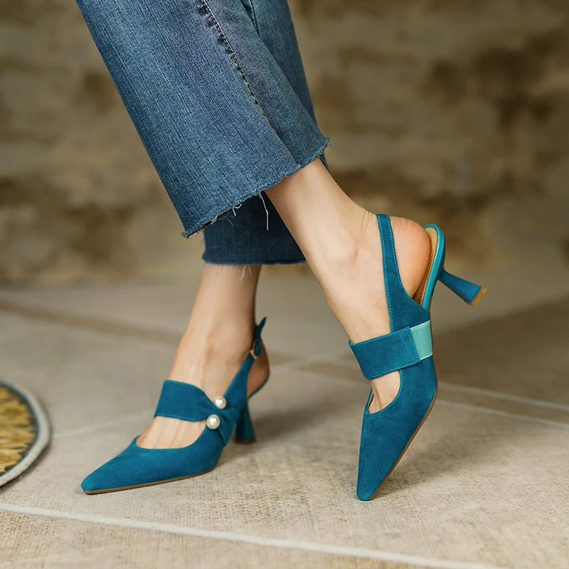 Havana Sapato Feminino Camurça Salto Alto Perolado - Azul Realeza