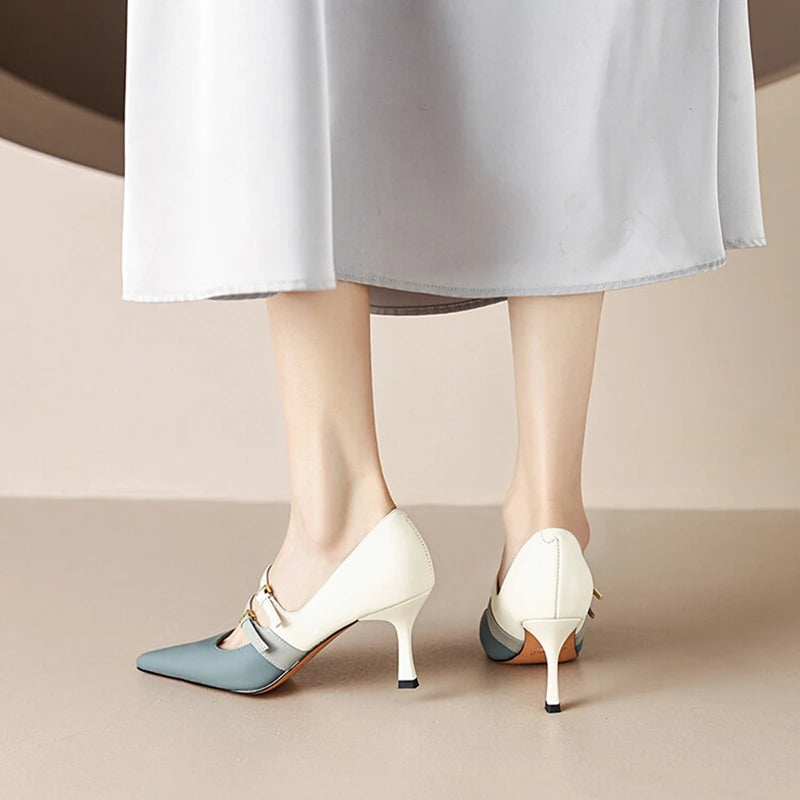 Marbella Sapato Feminino De Couro Bicolor Salto Alto - Azul e Branco