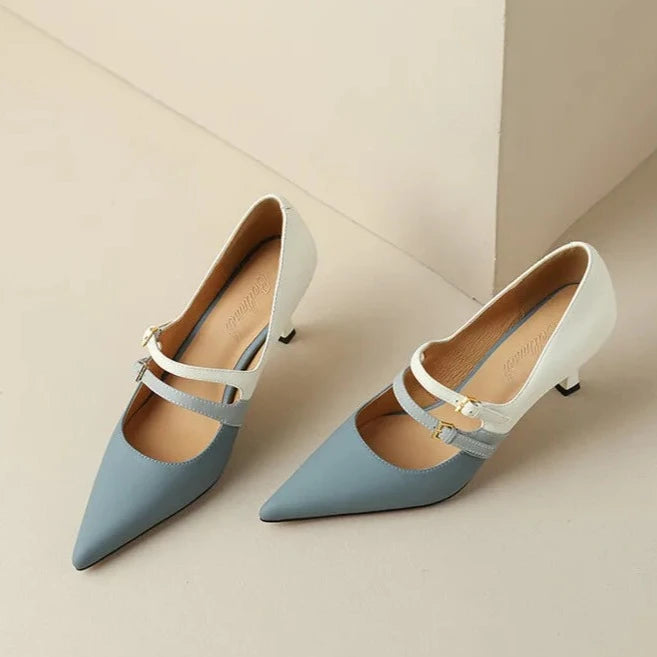 Marbella Sapato Feminino De Couro Bicolor Salto Alto - Azul e Branco